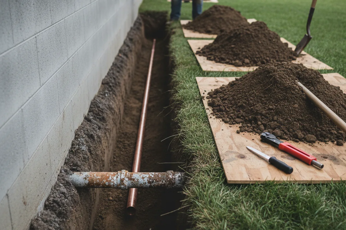 Excavated water line trench during Sewer Line Repair in Prairie Grove
